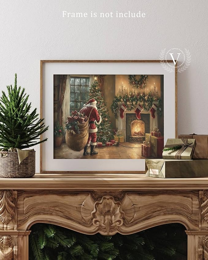 Vodefoad Vintage Christmas Claus Wall Art Cottagecore Santa Claus Canvas Decor Academia Xmas Decor Winter Print Christmas Tree Painting for Christmas Holiday - 8x10Inch Unframe