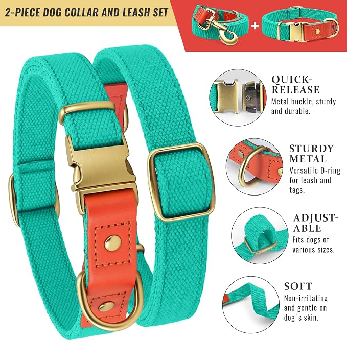 Dog Collar and Leash Set with Metal Quick Release Buckle, Adjustable, Breathable Nylon, Durable, Soft and Comfortable, No Pull for Walking and Training, Cyan, XL (16.9"-26")