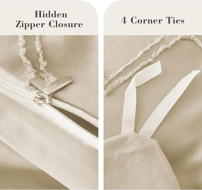 EMME Boho Duvet Cover Queen Size Beige - 3 Pieces Soft & Breathable Tufted Boho Shabby Chic Embroidery Bedding for All Seasons, 1 Duvet Cover with 2 Pillow Shams & Zipper Closure (Beige, Queen)