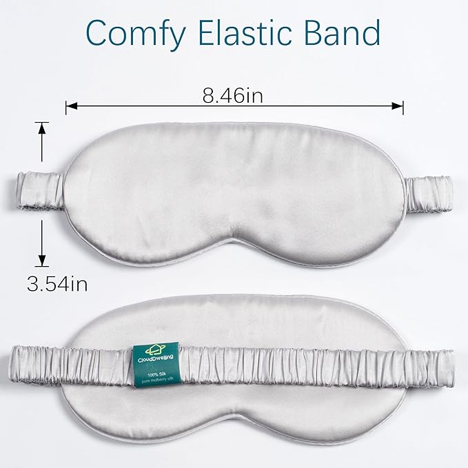 100% 22 Momme 6A Grade Double-Sided Pure Mulberry Silk Eye Mask Soft Breathable Sleep Blindfold with Elastic Headband for Men and Women Pack of 1 (Sliver)