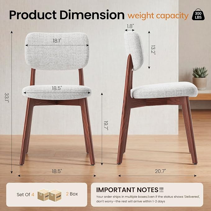 COLAMY Dining Chairs Set of 4, Modern Upholstered Kitchen Room Chairs with Solid Red Oak Wood Legs, 5-Min Easy Assembly Anti-Wobble, High-Weight Fabric Farmhouse Side Chair, 300lbs,Walnut,Beige