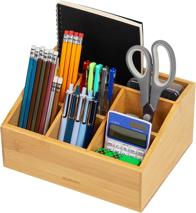Mind Reader Desktop Organizer, 7-compartment, Office Essentials, Modern, Office, Bamboo, 9.25"L x 7.25"W x 4.5"H, Brown