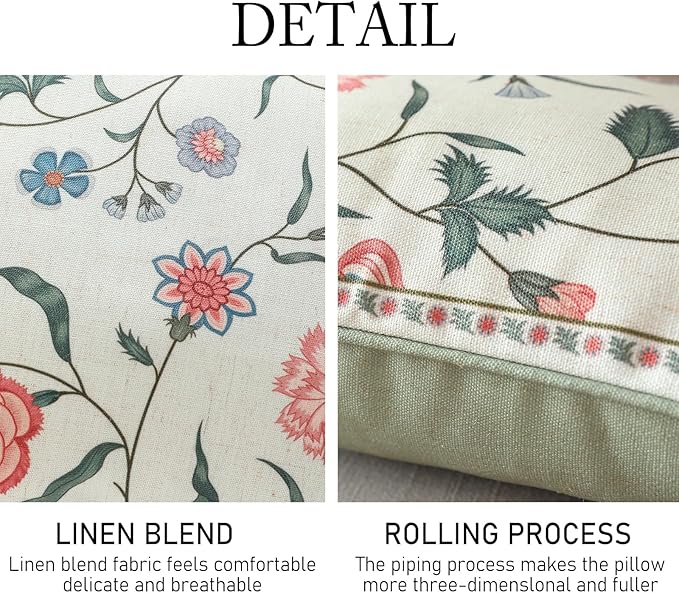 ISAENNE Design Square Retro Elegance Linen Throw Pillow Covers 18"x18" Pack of 2, Green Pink Floral Pattern Cushion Covers Decor Pillowcases for Bed,Living Room,Outdoor,Car