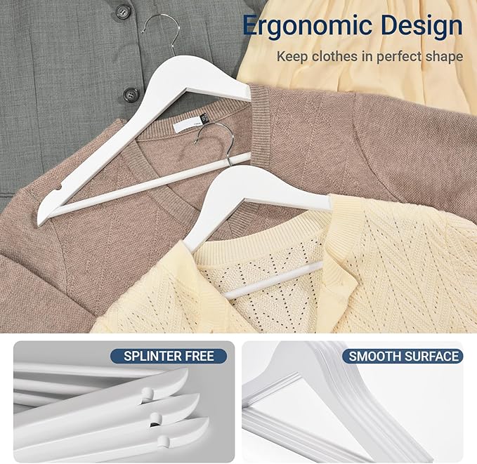 Amber Home 30 Pack White Wooden Coat Hangers, White Wood Suit Hangers with Non-Slip Pant Bar, Clothes Hangers for Closet Organization, Shirts, Jackets, Dresses, and Pants (White, 30)