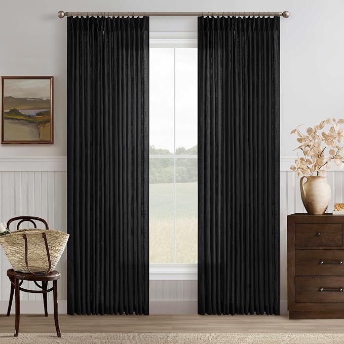 Black Pinch Pleated Linen Curtains 105 Inches Long for Living Room 2 Panels Set Memory Trained Viral Pleat Drapes Back Tab Light Filtering Neutral Boho Ceiling Floor 105 Inch Length Window Curtains