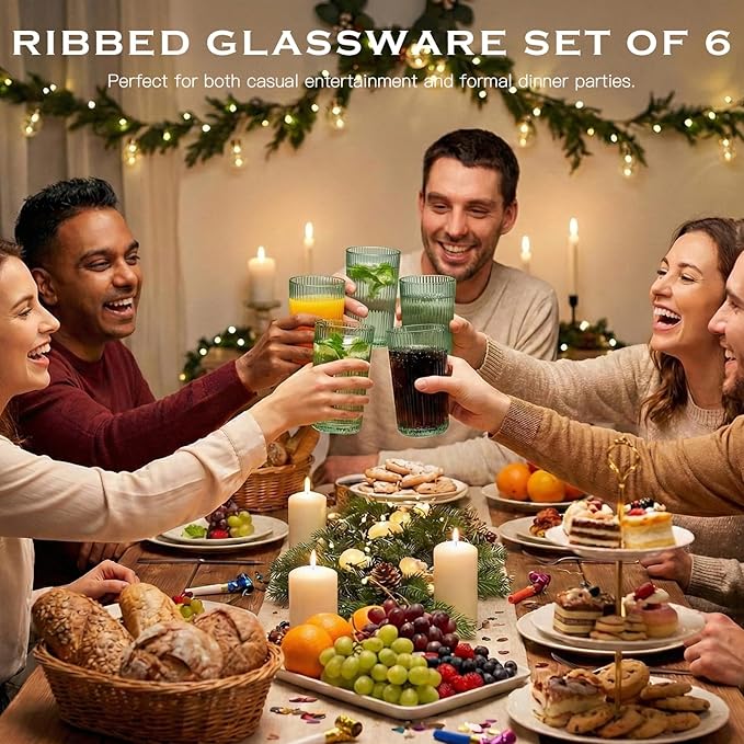 Green Ribbed Highball Glasses Set of 6, 13.2oz Sage Green Colored Glassware, Drinking Glasses for Water, Juice, Iced Coffee, Cocktails, Green Glass Cups, Housewarming Christmas Gift