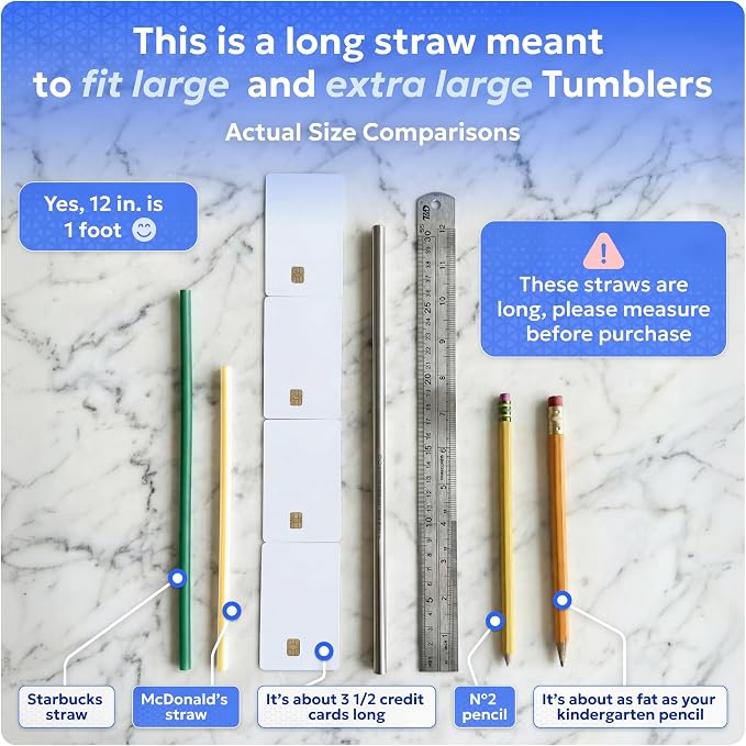 Made in USA Bywater Stainless Steel 12 Inch Straw Set of 2 Food Grade Premium Straws. Fits Stanley, Yeti Straw Lid, Owala and Many Others With Standard Straws. DOES NOT FIT FLIP STYLE LIDS