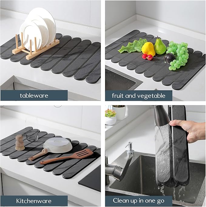 24"×16" Grey Stone Dish Drying Mats for Kitchen Counter, Large Quick Dry Collapsible Eco-Friendly Super Absorbent Diatomaceous Earth Heat-resistant Mat for Dishes Bottles Cups, Match Any Countertop