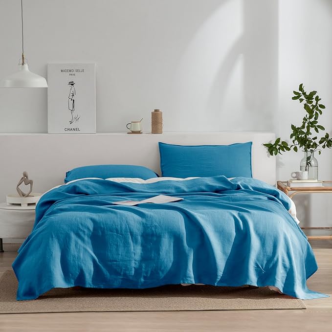 EVERLY Linen Sheets Set Full Size,100% French Stonewash Pure Linen Bed Sheets Set,4Pieces (1Flat Sheet,1Fitted Sheet,2Pillowcase) Suitable for Hot Sleepers,Deep Pocket Natural Bedding Set-Blue