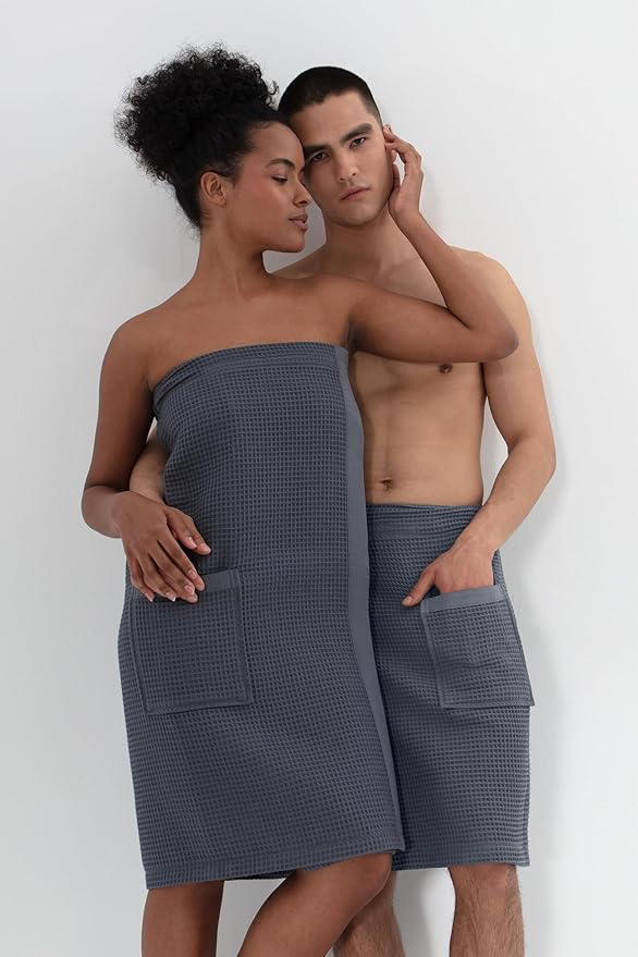 SEYANTE Men's Organic Waffle Spa Wrap – GOTS Certified 100% Turkish Cotton, Adjustable Closure, Same-Color Piping