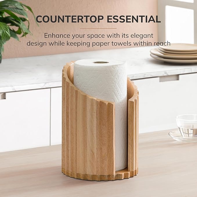 Anji Mountain Wooden Paper Towel Holder Countertop with Mango Wood Round Base and Iron Holder, Holder Stand for Kitchen Roll Organizer & Kitchen Dining Table Home Decor - Mango/Gold, Fluted