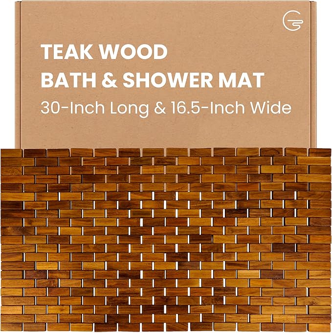 Teak Wood Bath & Shower Mat (30" x 16.5") | Wooden Floor Mat for Bathtub & Spa | Foldable & Non Slip Bathmat