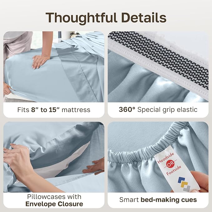 California Design Den 100% Egyptian Cotton Sheets Full Size Bed Set - Certified Authentic, Soft Sateen, Deep Pocket Bed Sheets with Gripper Elastic, Breathable and Durable Luxury Bedding - Light Blue