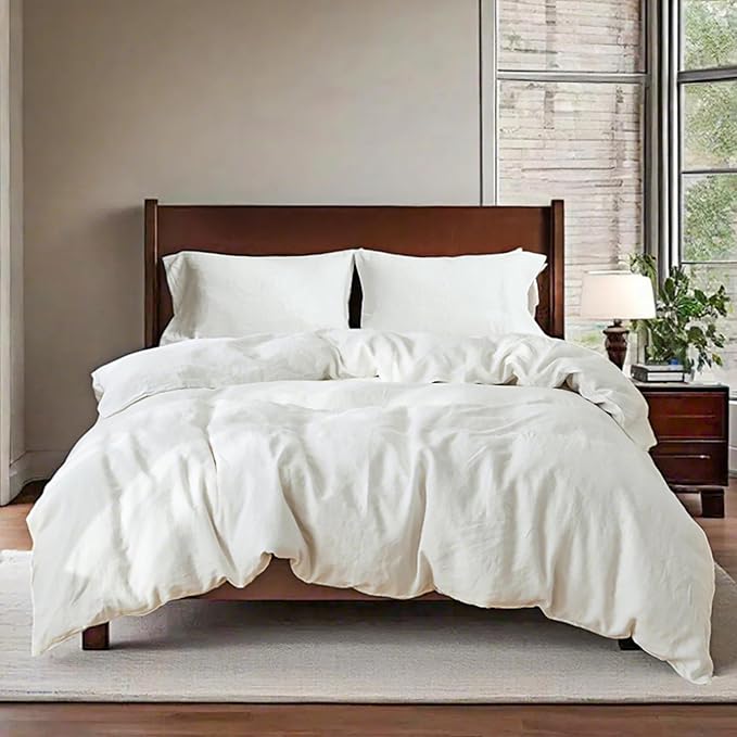 100% Linen Duvet Cover Set, 3 PCS Natural French Flax White Duvet Cover King Size, Breathable Soft Comfy Linen Bedding Comforter Cover with 2 Pillowcases(White, 104" x 92")