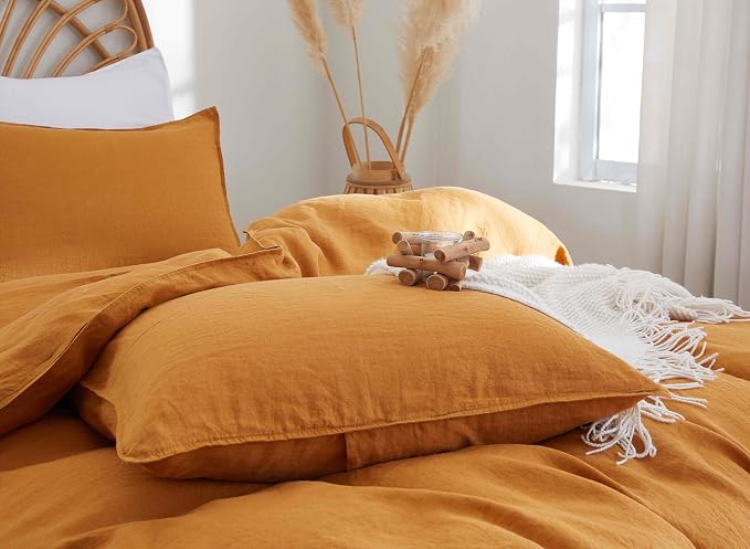 100% French Flax Linen Duvet Cover Set, Queen Size 90''x90'' 3 Pcs with 8 Corner Ties and Button Closure, Soft and Breathable for All Season(Rust, Queen)