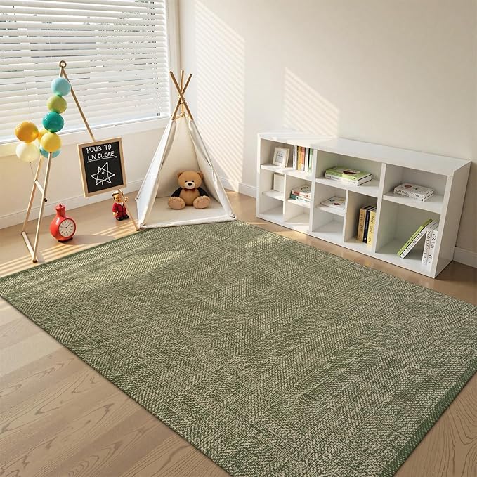 LEEVAN Washable Area Rug 4x6, Hand-Woven Cotton Living Room Rug, Green/Natural Braided Bedroom Rug, Farmhouse Indoor/Outdoor Floor Carpet for Patio, Nursery, Office, Playroom, Dining Room