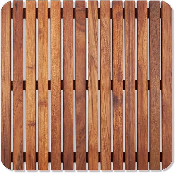 Nordic Style Teak Shower, Bath and Spa Mat | Indoor + Outdoor Use | Non-Slip Wood Platform | Spa, Sauna, Pool, Hot Tub | Luxury Decor (Oiled Finish, 19.6" x 19.6")