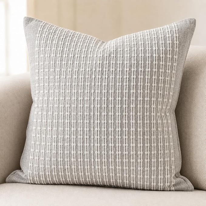 SanVia Cotton Throw Pillow Covers 20x20 – Handwoven Jacquard Texture, Fade-Resistant, No Pilling – Hidden Zipper, Decorative Cushion Cover for Sofa, Couch, Bed – Insert Not Included (Striped, Grey)
