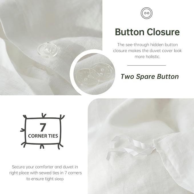 Simple&Opulence 100% Linen Duvet Cover Set, 3 PCS Natural French Flax White Duvet Cover King Size, Breathable Soft Comfy Linen Bedding Comforter Cover with 2 Pillowcases(White, 104"x92")