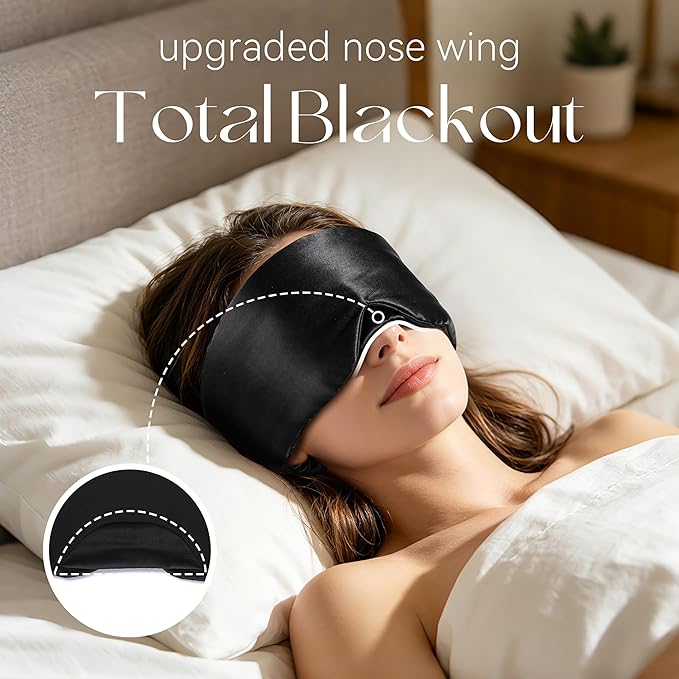 Silk Sleep Mask 22 Momme100% Mulberry Silk & 3.5cm Silk Hairband Set, Upgraded Light Blocking NosePad, Soft Wide Adjustable Strap, Comfortable Eye Mask for Men Women Home Travel (Black)