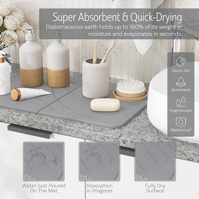 LARGE | PREMIUM | Stone Dish Mat + Bamboo Rack | 24” x 16” | Foldable (Light Gray)