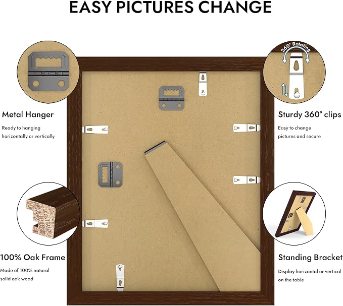 Hongkee 8x10 Oak Wood Picture Frame, Display 8 x 10 Photo with Tempered Glass Cover, Horizontal and Vertical Display for Wall or Tabletop (Walnut, Set of 1)