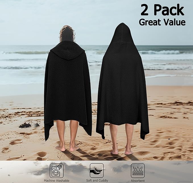 COTTON CRAFT Hooded Bath Towel – 2 Pack Oversized 35x70 Waffle Weave Towel with Hood for Adults - 100% Ringspun Cotton Pool Bath Sheet Wrap with Hood - Soft Super Absorbent Quick Dry – 450 GSM – Black