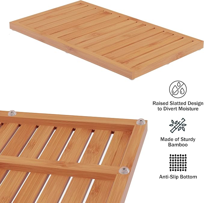 Bamboo Bath Mat Set – 2-Pack Non-Slip Wooden Bath Mats with Slatted Design for Indoor/Outdoor Bathtub, Shower, Sauna, Pool, or Hot Tub by Lavish Home