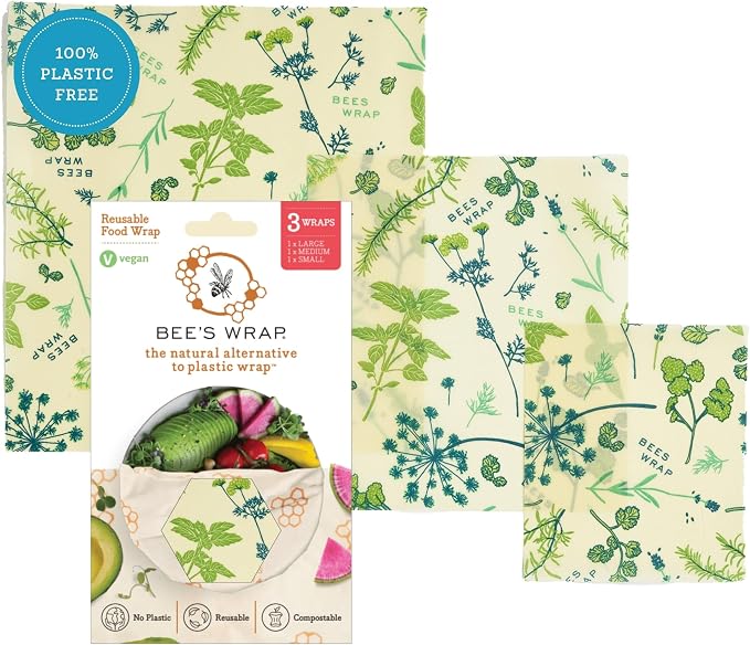 Bee's Wrap Vegan Beeswax Wraps for Food - 3 Pack of Assorted Beeswax Wraps - Small, Medium & Large Wrap - Plastic Free Made in USA Reusable Natural Food Wrap - Herb Garden Print
