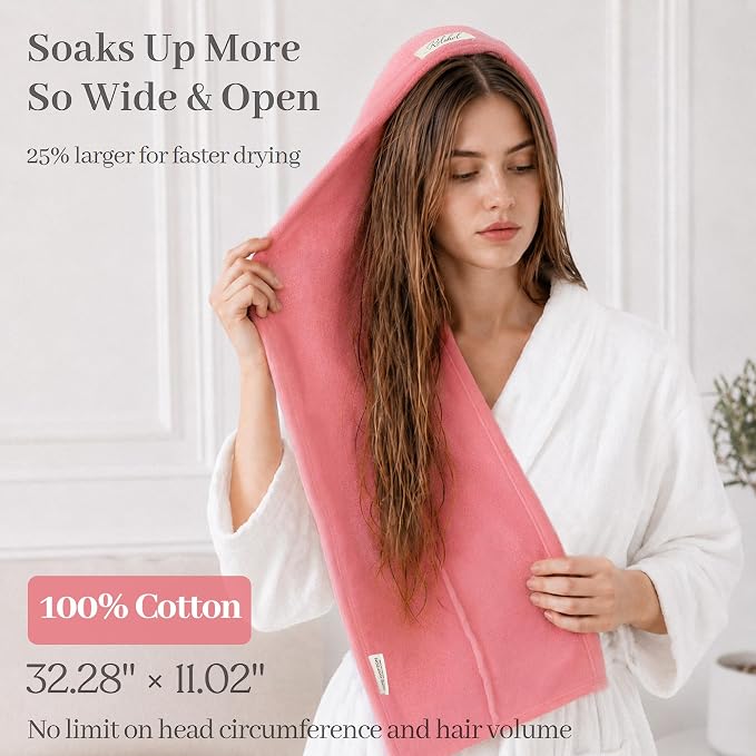 ROLSHOL Cotton Hair Towel Wrap for Women, 2 Pack 100% Cotton Hair Drying Towels for Long, Thick & Curly Hair, 32" x 11" Large Hair Turban for Wet Hair with Elastic Band (Pink)
