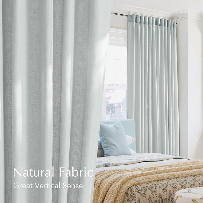 NICETOWN Linen Blend Light Cyan Curtains 84 inches Long, Rod Pocket & Back Tab Light Filtering Semi Sheer Window Treatments Privacy Added Drapes for Living Room, W55 x L84, 2 Panels