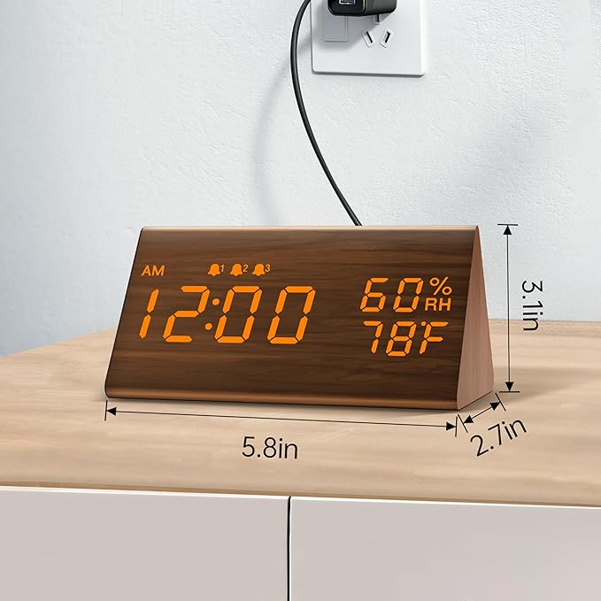 JALL Wooden Digital Alarm Clock for Bedroom, 3 Alarms with Large Numbers, Humidity and Temperature Display, 6-Level Dimmer, Snooze, Loud Desk Clock for Heavy Sleepers, Plug in (Brown)