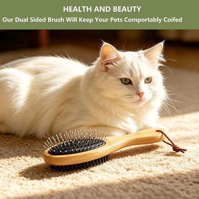 Double Sided Pet Slicker Brush with Bamboo Handle for Dogs and Cats, Grooming Comb for Shedding, Tangles, and Dead Undercoat