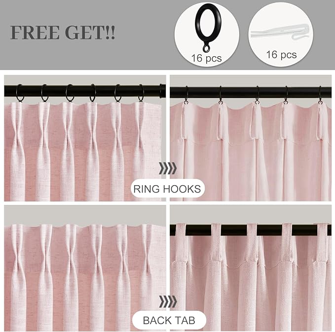 IVAPUPU Light Pink Pinch Pleated Curtains 96 Inches Long for Living Room, Semi Sheer Privacy Thick Linen Blend Curtain Memory Trained Back Tab Drapes with Rings for Girls Bedroom, 2 Panels, W40xL96