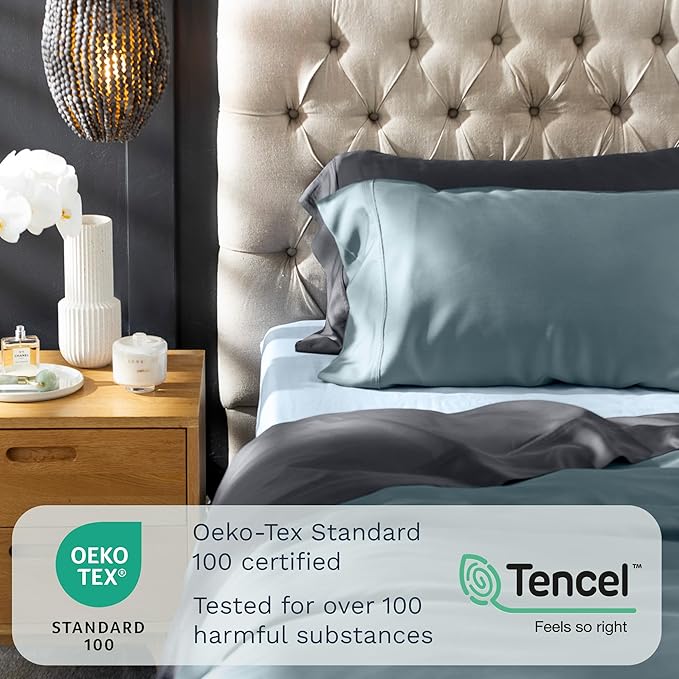 Olive + Crate Tencel Eucalyptus Pillowcases - 100% Tencel Lyocell Cooling Pillow Cases for Hot Sleepers - Hypoallergenic, Moisture-Wicking, Silk Alternative, Vegan - Standard Size Set of 2 [Charcoal]