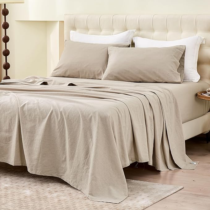 BISELINA Linen Sheet French Flax Flat Sheet Only 55% Euro Linen 45% Cotton Basic Style Solid Color Soft Breathable Farmhouse Top Sheet 1-Piece (California King, Khaki)