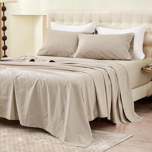 BISELINA Linen Sheet French Flax Flat Sheet Only 55% Euro Linen 45% Cotton Basic Style Solid Color Soft Breathable Farmhouse Top Sheet 1-Piece (California King, Khaki)