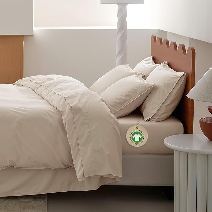 Double Stitch 100% Organic Cotton Sheets, King Size Sheets Set, GOTS Certified Long Staple Cotton Bedsheets, Luxury & Soft Hotel Bed Sheets with 16 inches Deep Pocket, Made in India Beige