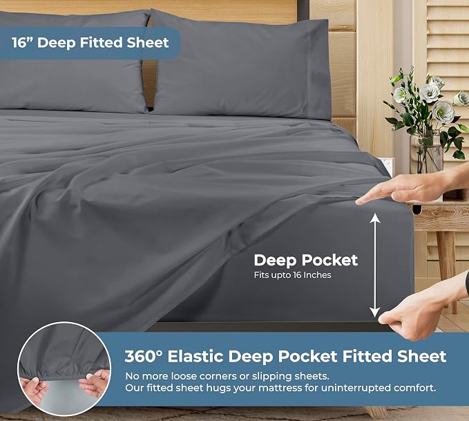 ROYALE LINENS 100% Organic Cotton Queen Sheet Set - Percale Weave - 4 Pieces Set - 1 Flat, 1 Deep Pocket Fitted Sheet and 2 Pillowcases - Grey Bed Sheets - Sábanas Queen - Crisp Cool (Grey)