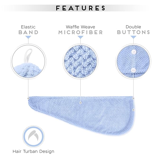 SimpleField 2 Pack Microfiber Hair Towel Wrap for Women, Anti Frizz Quick Drying Hair Turban for All Hair Style, Absorbent and Lightweight (Blue)