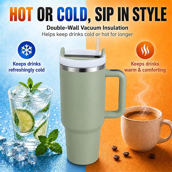 Pandance 4 Pack 40 oz Tumbler with Handle and Straw Bulk, Green | Stainless Steel Vacuum Insulated Travel Mug, Sturdy Screw-on lid, Cup Holder Friendly, Large Capacity Cup For Iced Coffee