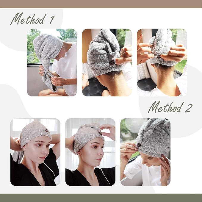 myHomeBody Hair Towel Wrap, Quick Drying Turban, Absorbent Cap – Gray | Hair Turban Towel for wet hair, Ultra Soft Charcoal Fiber Cap, Towel Head Wrap for bathing with Coconut Shell Button