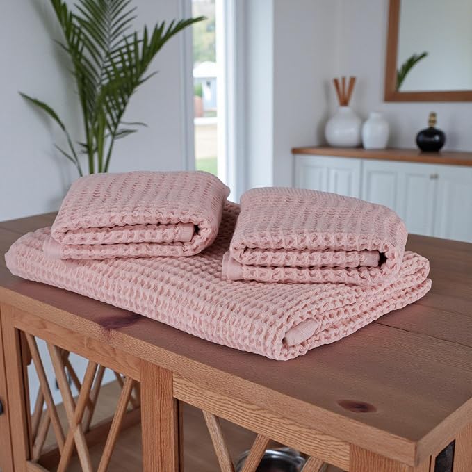 DEMMEX Organic Cotton Waffle Weave Turkish Hand Towels for Bathroom & Kitchen, Large 20x30 in, 100% Oeko-TEX Certified Ultra Soft Cotton, Lightweight Quick Dry Waffle Hand Towels, Set 2 (Blush Pink)