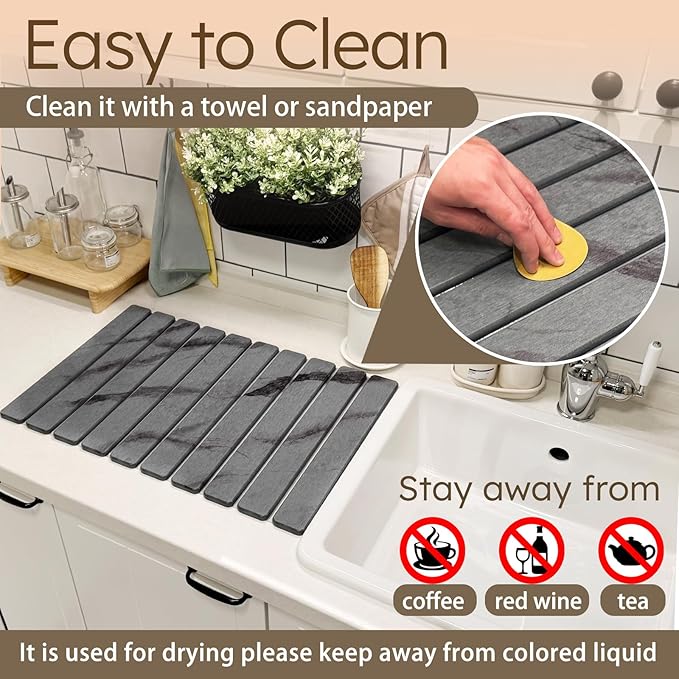 Large Stone Dish Drying Mat for Kitchen Counter, Collapsible Marbled Quick-Dry Diatomaceous Earth Mat with Dish Rack and Towel, Versatile Drying Mats for Kitchen Utensils (Dark Gray 23.6"×15.4")