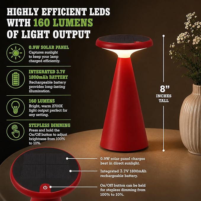 Portable Solar Powered Mushroom LED Table Lamp - Indoor/Outdoor Use - Stepless Dimming - Up to 45 Hour Rechargeable Battery - 1.6W, 160 lumens, 2700K - IP44 Weather Resistant - Red