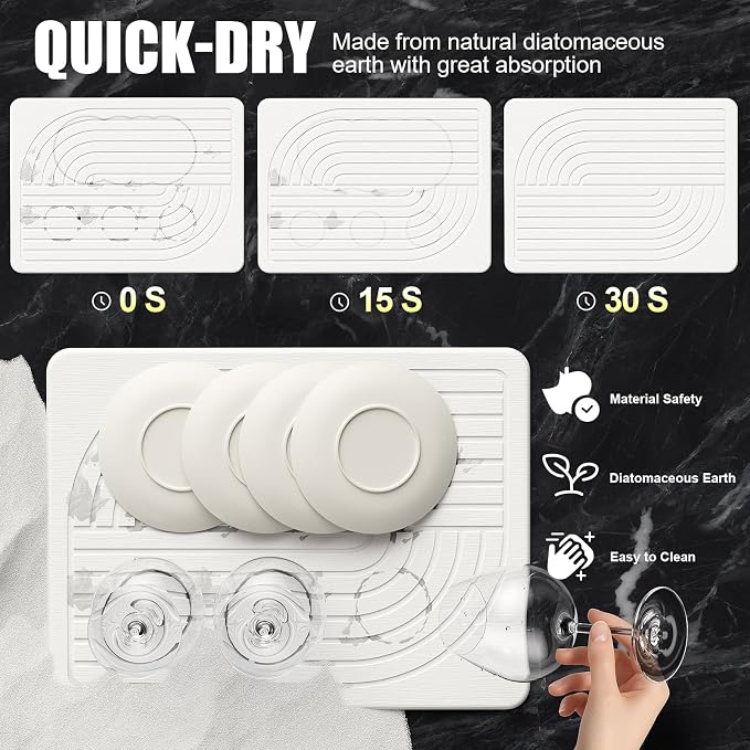 Stone Dish Drying Mat for Kitchen Counter Diatomaceous Earth Drying Mat, 15.8"x11.8" Super Absorbent Drying Stone, Quick Dry, Heat Resistant, Odorless (White)