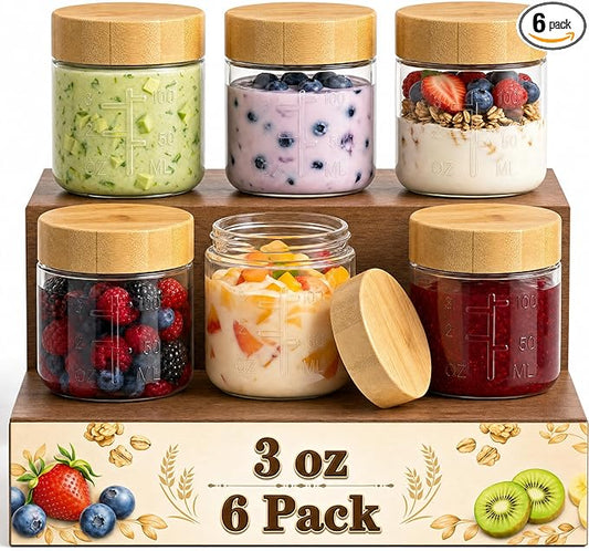 HomArtist 3oz Glass Salad Dressing Containers with Bamboo Lids - 6 Pack Small Airtight Condiment Cups, Mini Sauce Jars for Picnic, Ketchup, Dip & Snacks, Leakproof, BPA-Free & Dishwasher Safe
