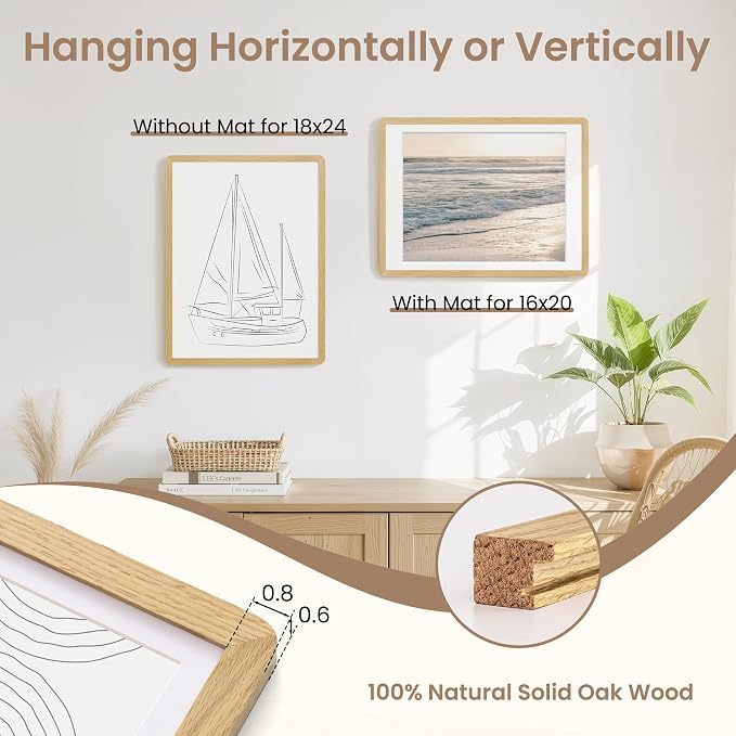 Fun Memories 18x24 Poster Frame - Solid Oak Wood Frame, 18x24 Picture Frame with Mat for 16x20, Wood Frame with Tempered Glass, 24x18 Large Poster Frame for Gallery Wall Display, Natural Oak