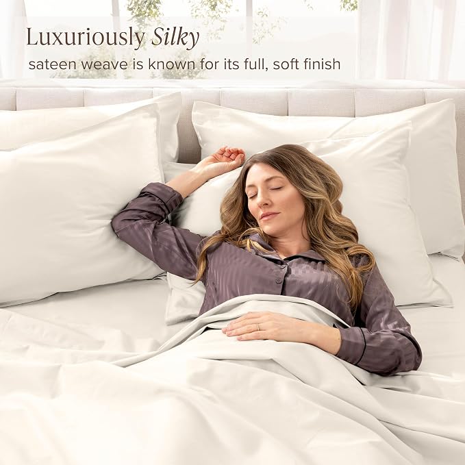 Bare Home 100% Organic Cotton Twin Sheet Set - 400 Thread Count - Smooth Sateen Weave - Breathable & Cooling - Hotel Luxury Set - Deep Pocket Bed Sheets (Twin XL, Cream)