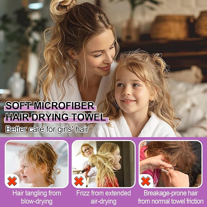 MADHOLLY Fast Drying Microfiber Hair Towel for Kids Women - 2 Packs Soft Super Absorbent Hair Towel Wrap with Button, Anti-Frizz Turban for Thicker Curly Long Hair, Mermaid Gift for Girls